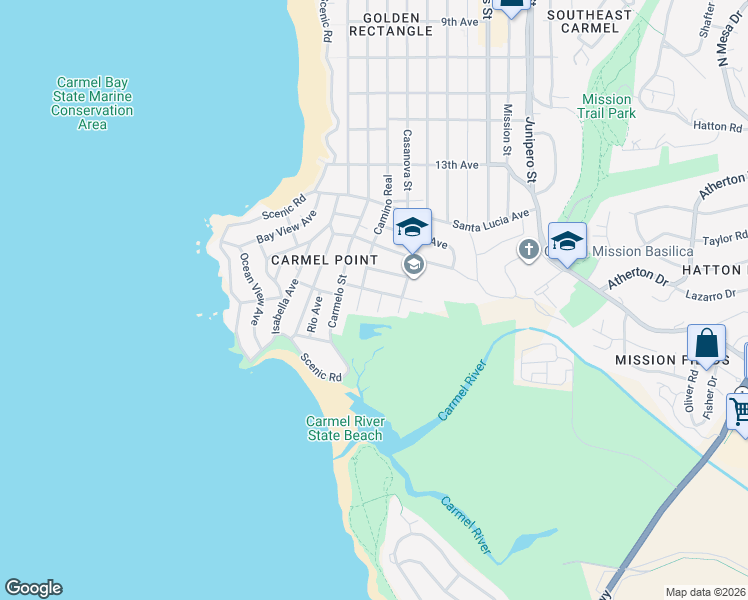 map of restaurants, bars, coffee shops, grocery stores, and more near 26334 River Park Place in Carmel-by-the-Sea