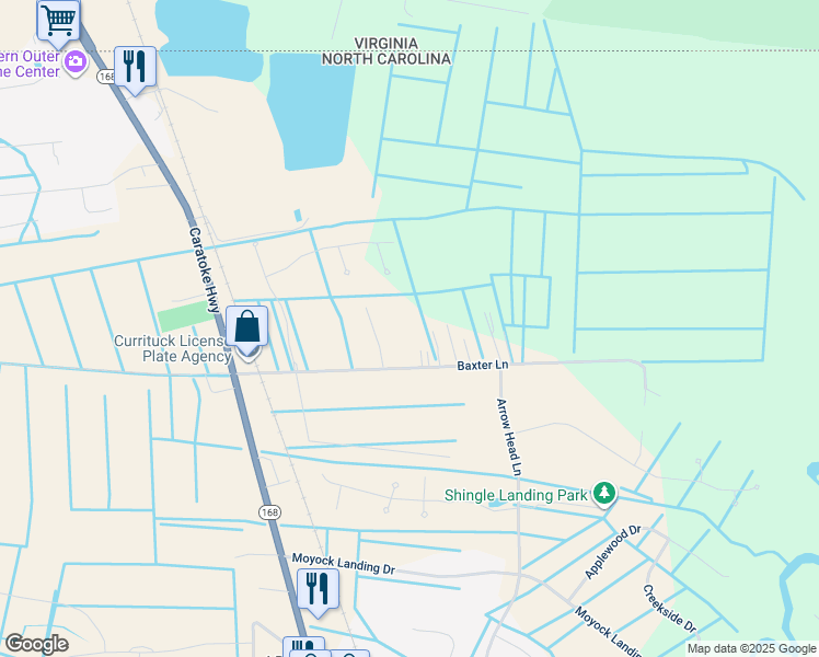 map of restaurants, bars, coffee shops, grocery stores, and more near 183 Baxter Lane in Moyock