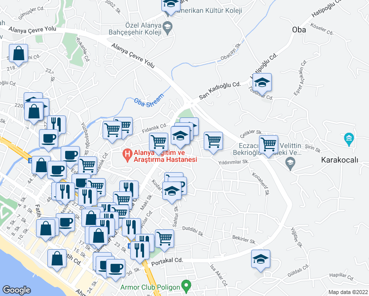 map of restaurants, bars, coffee shops, grocery stores, and more near in Alanya