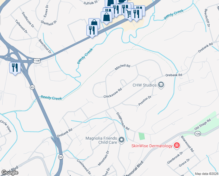 map of restaurants, bars, coffee shops, grocery stores, and more near 4508 Chickasaw Road in Kingsport