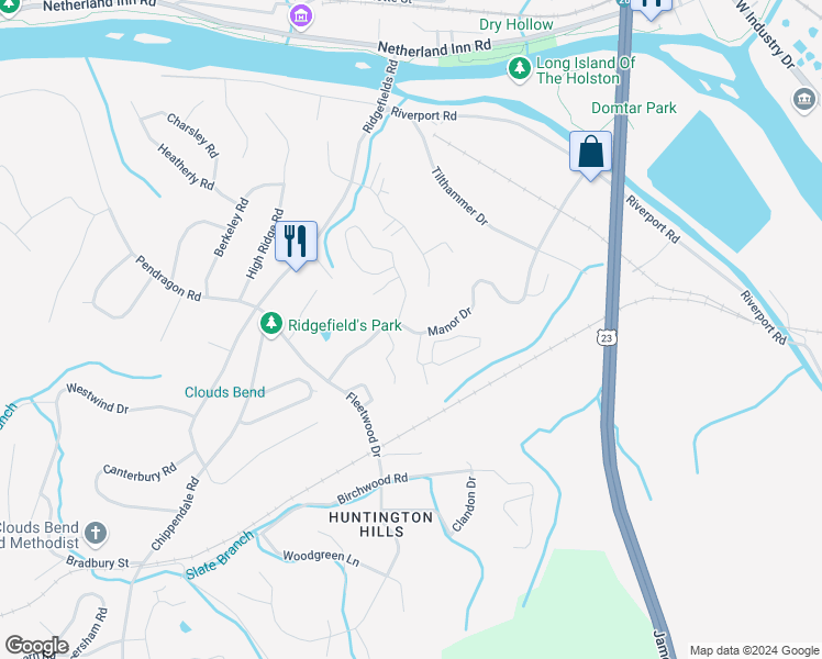 map of restaurants, bars, coffee shops, grocery stores, and more near 506 Manor Drive in Kingsport