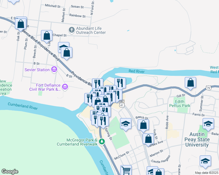 map of restaurants, bars, coffee shops, grocery stores, and more near 803 North 2nd Street in Clarksville