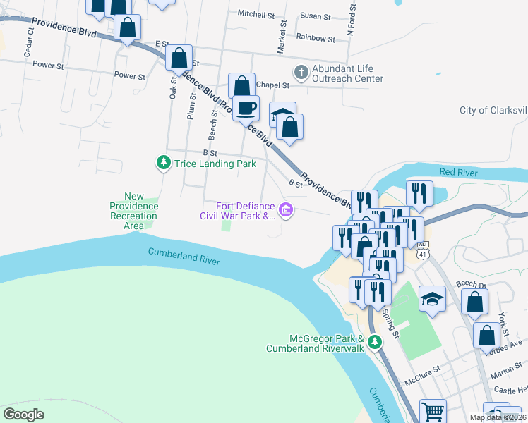 map of restaurants, bars, coffee shops, grocery stores, and more near 128 A Street in Clarksville
