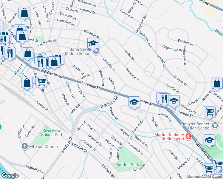 map of restaurants, bars, coffee shops, grocery stores, and more near 1241 East Center Street in Kingsport