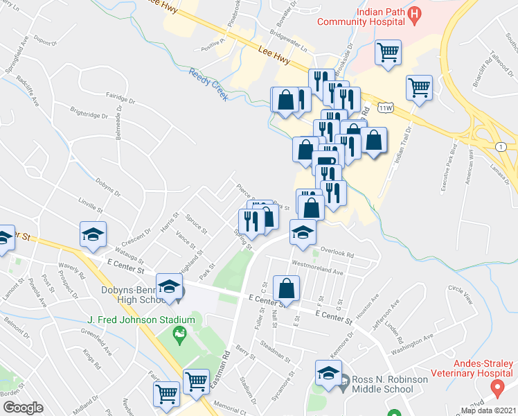 map of restaurants, bars, coffee shops, grocery stores, and more near 1830 Park Street in Kingsport