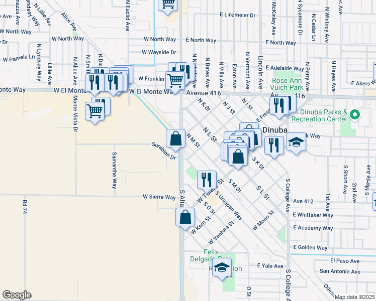 map of restaurants, bars, coffee shops, grocery stores, and more near 267 West Merced Street in Dinuba