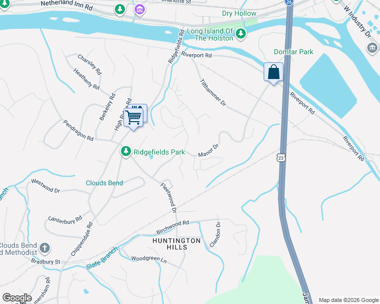 map of restaurants, bars, coffee shops, grocery stores, and more near 1704 Birchfield Pvt Court in Kingsport
