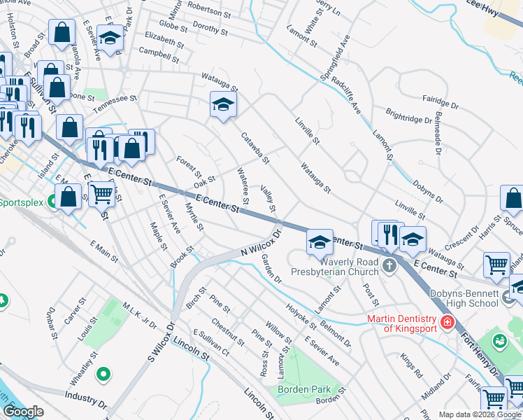 map of restaurants, bars, coffee shops, grocery stores, and more near 1241 East Center Street in Kingsport