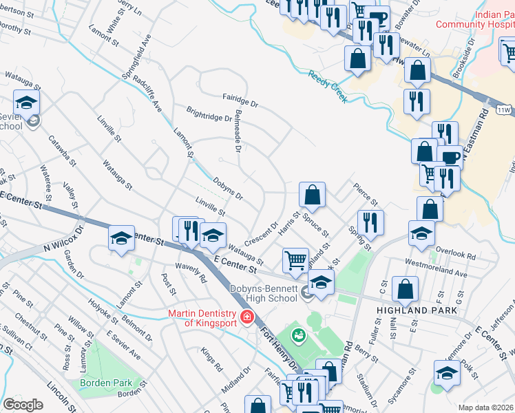map of restaurants, bars, coffee shops, grocery stores, and more near 1621 Belmeade Drive in Kingsport