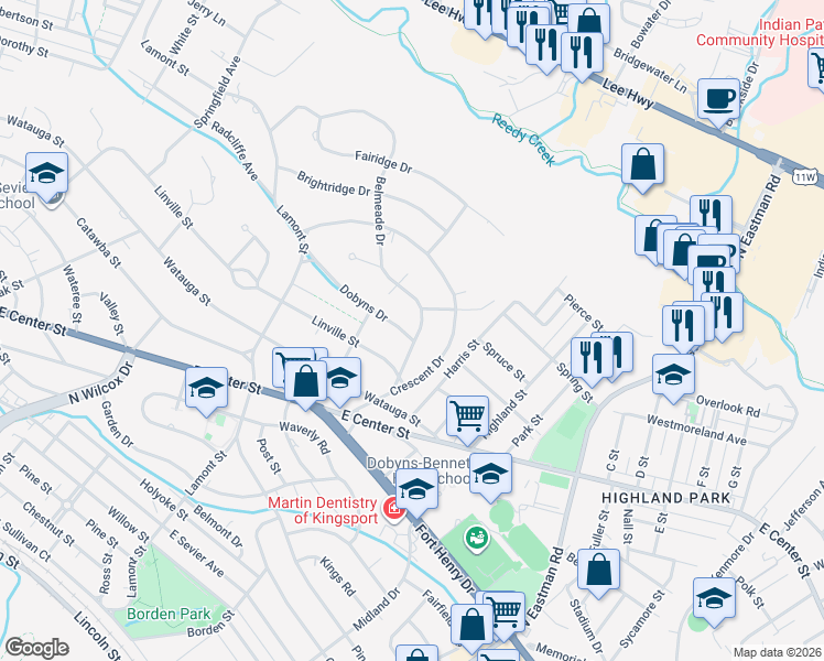 map of restaurants, bars, coffee shops, grocery stores, and more near 1621 Belmeade Drive in Kingsport