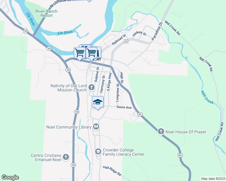 map of restaurants, bars, coffee shops, grocery stores, and more near 325 South Kings Highway in Noel