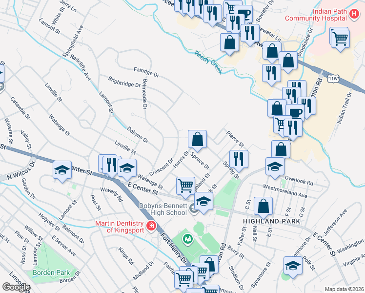 map of restaurants, bars, coffee shops, grocery stores, and more near 1621 Crescent Drive in Kingsport