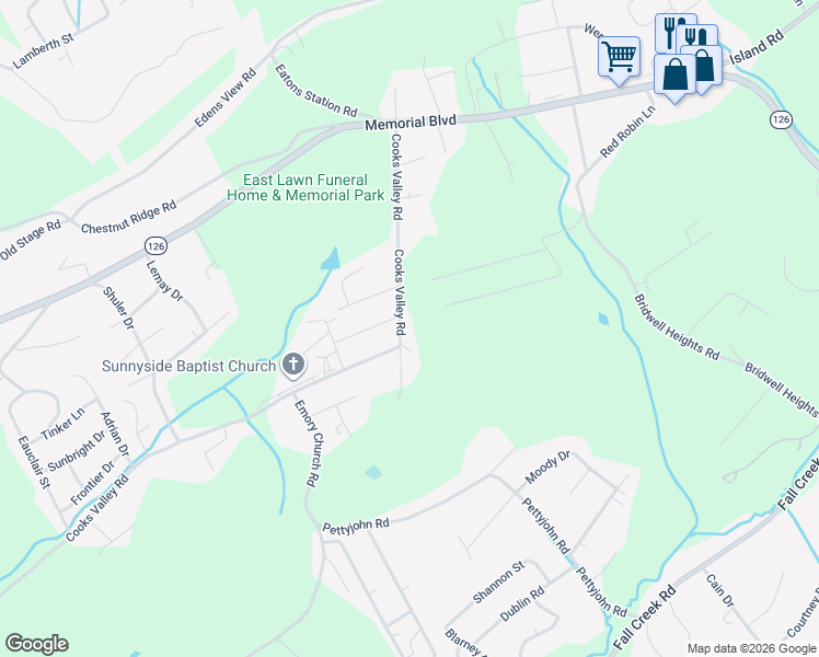 map of restaurants, bars, coffee shops, grocery stores, and more near 303 Cooks Valley Road in Kingsport