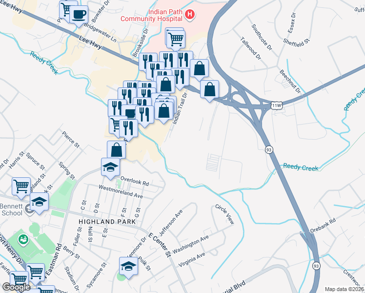 map of restaurants, bars, coffee shops, grocery stores, and more near 881 Indian Trail Drive in Kingsport