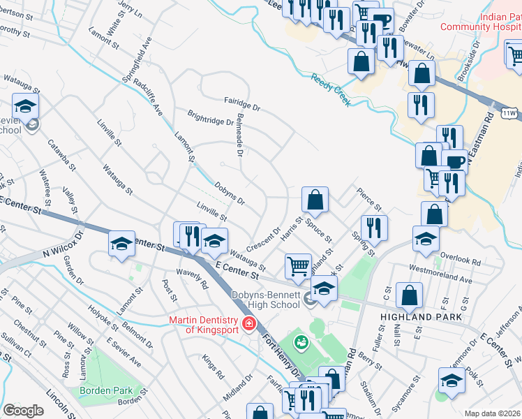 map of restaurants, bars, coffee shops, grocery stores, and more near 1621 Belmeade Drive in Kingsport