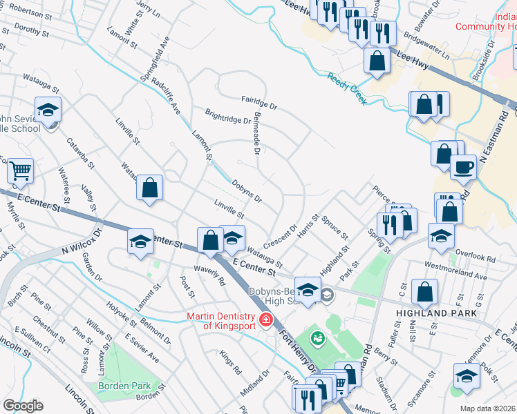 map of restaurants, bars, coffee shops, grocery stores, and more near 1510 Linville St in Kingsport