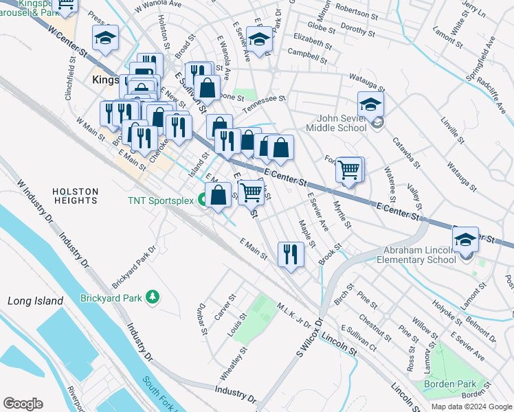 map of restaurants, bars, coffee shops, grocery stores, and more near 817 East Sullivan Street in Kingsport