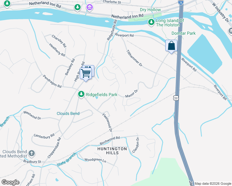 map of restaurants, bars, coffee shops, grocery stores, and more near 465 Manor Drive in Kingsport