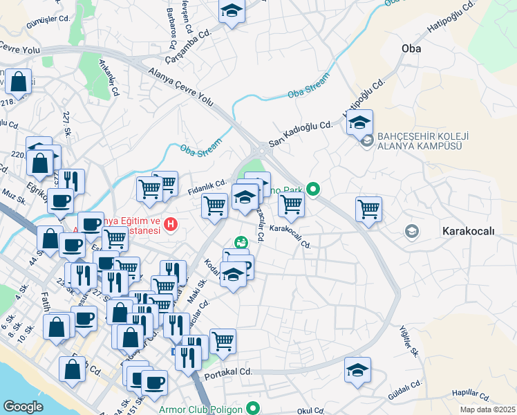 map of restaurants, bars, coffee shops, grocery stores, and more near NO:364 Atatürk Bulvarı in Alanya