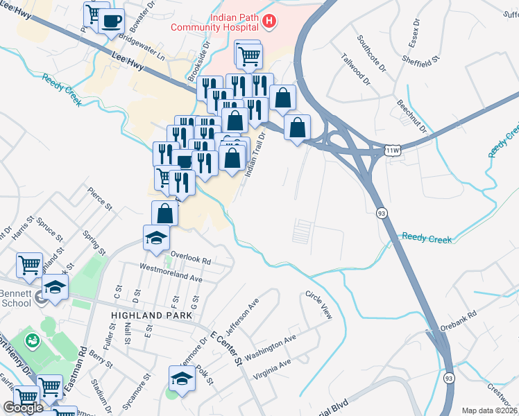 map of restaurants, bars, coffee shops, grocery stores, and more near 881 Indian Trail Drive in Kingsport