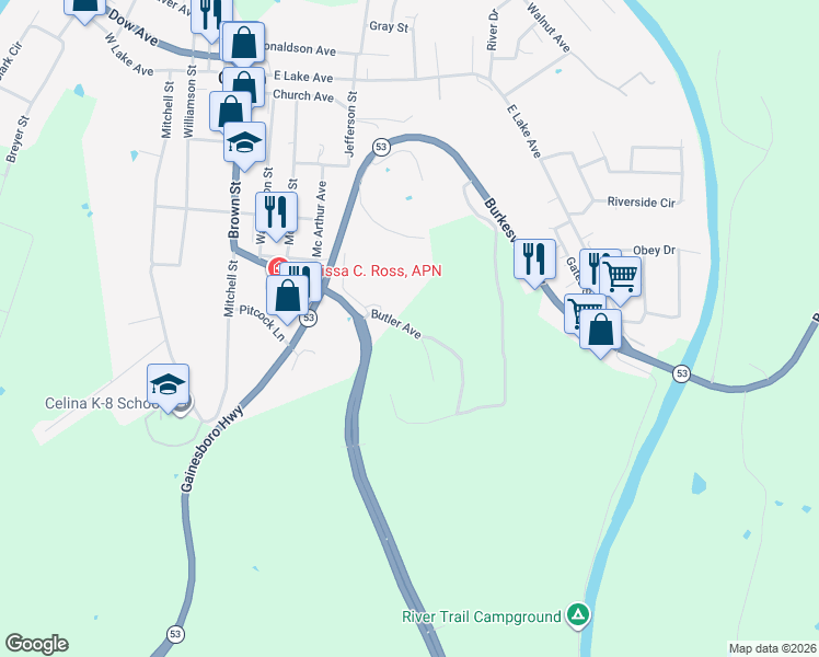 map of restaurants, bars, coffee shops, grocery stores, and more near Butler Ave in Celina