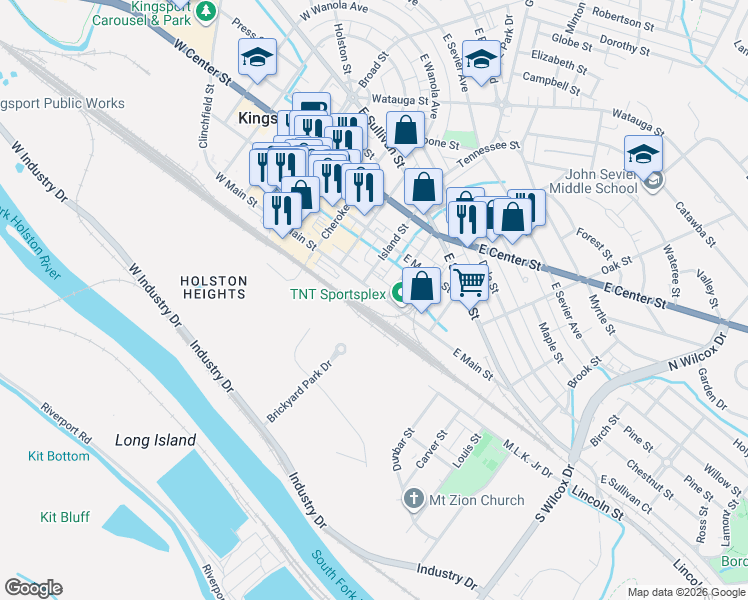 map of restaurants, bars, coffee shops, grocery stores, and more near 555 East Main Street in Kingsport