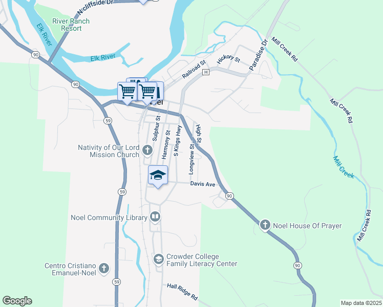 map of restaurants, bars, coffee shops, grocery stores, and more near 304 Longview Street in Noel
