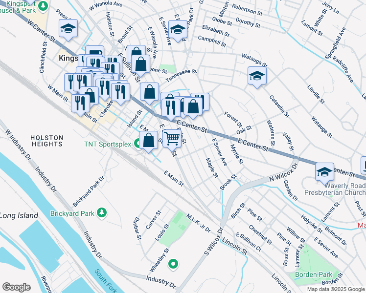 map of restaurants, bars, coffee shops, grocery stores, and more near 817 East Sullivan Street in Kingsport