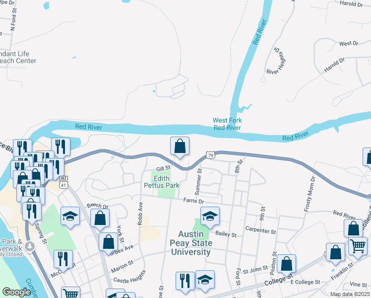 map of restaurants, bars, coffee shops, grocery stores, and more near 494 Kraft Street in Clarksville