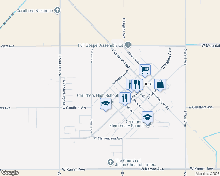 map of restaurants, bars, coffee shops, grocery stores, and more near 13369 Quince in Caruthers