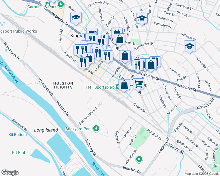 map of restaurants, bars, coffee shops, grocery stores, and more near 131 Island St in Kingsport