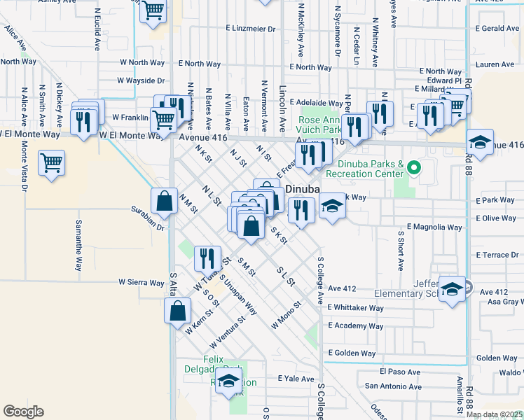 map of restaurants, bars, coffee shops, grocery stores, and more near 276 East Fresno Street in Dinuba