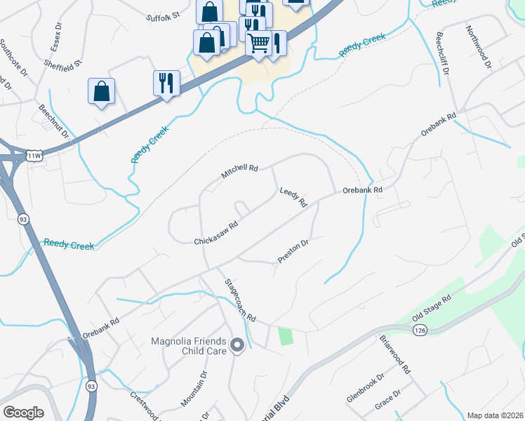 map of restaurants, bars, coffee shops, grocery stores, and more near 4532 Chickasaw Road in Kingsport