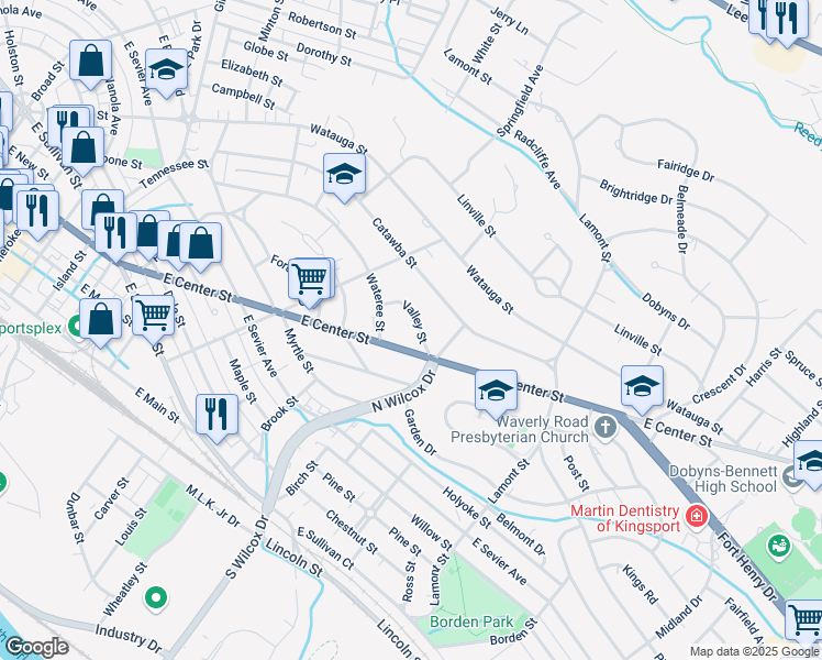 map of restaurants, bars, coffee shops, grocery stores, and more near 1425 Valley Street in Kingsport