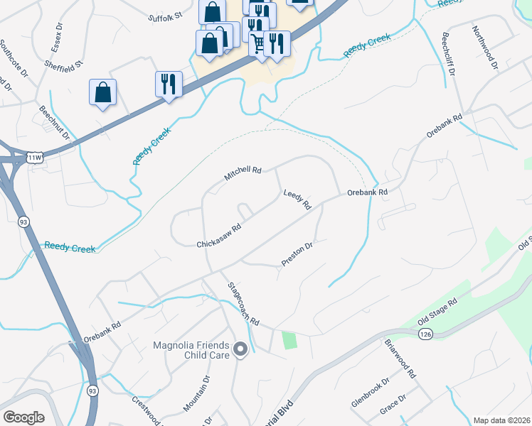 map of restaurants, bars, coffee shops, grocery stores, and more near 4532 Chickasaw Road in Kingsport