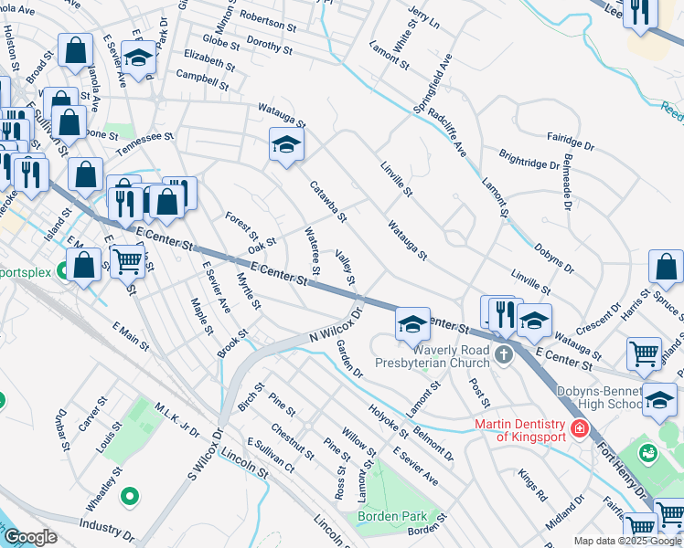 map of restaurants, bars, coffee shops, grocery stores, and more near 1425 Valley Street in Kingsport