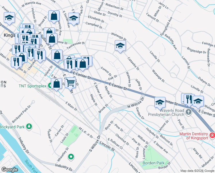 map of restaurants, bars, coffee shops, grocery stores, and more near 1100 East Center Street in Kingsport