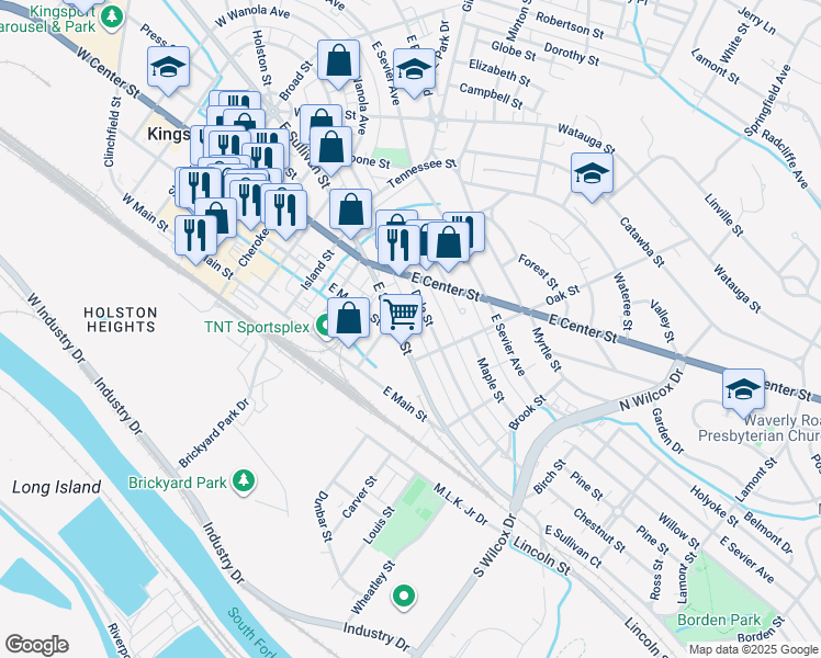 map of restaurants, bars, coffee shops, grocery stores, and more near 825 Dale Street in Kingsport