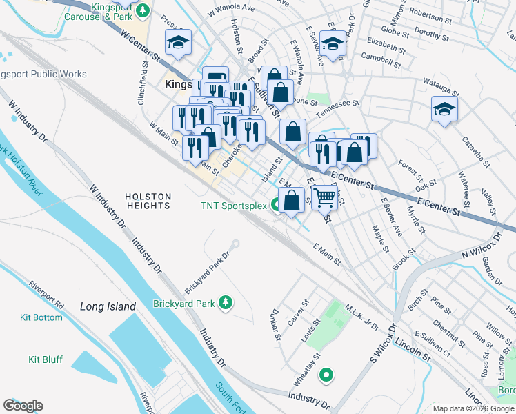 map of restaurants, bars, coffee shops, grocery stores, and more near 131 Island St in Kingsport