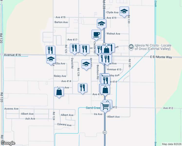 map of restaurants, bars, coffee shops, grocery stores, and more near 41465 Road 127 in Orosi