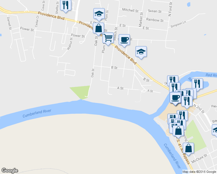 map of restaurants, bars, coffee shops, grocery stores, and more near Beech St & A St in Clarksville