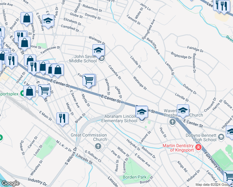 map of restaurants, bars, coffee shops, grocery stores, and more near 1425 Valley Street in Kingsport