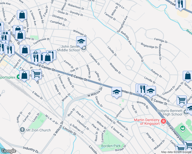 map of restaurants, bars, coffee shops, grocery stores, and more near 1425 Valley Street in Kingsport