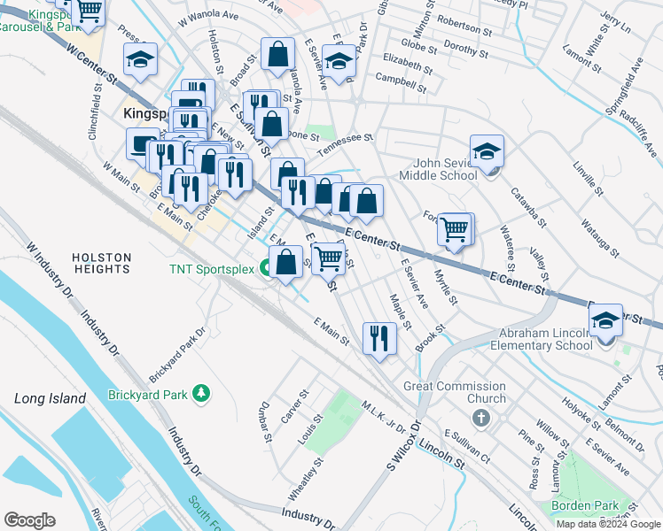 map of restaurants, bars, coffee shops, grocery stores, and more near 825 Dale Street in Kingsport