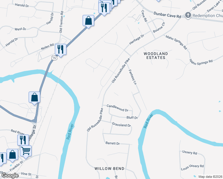 map of restaurants, bars, coffee shops, grocery stores, and more near 1640 Old Russellville Pike in Clarksville