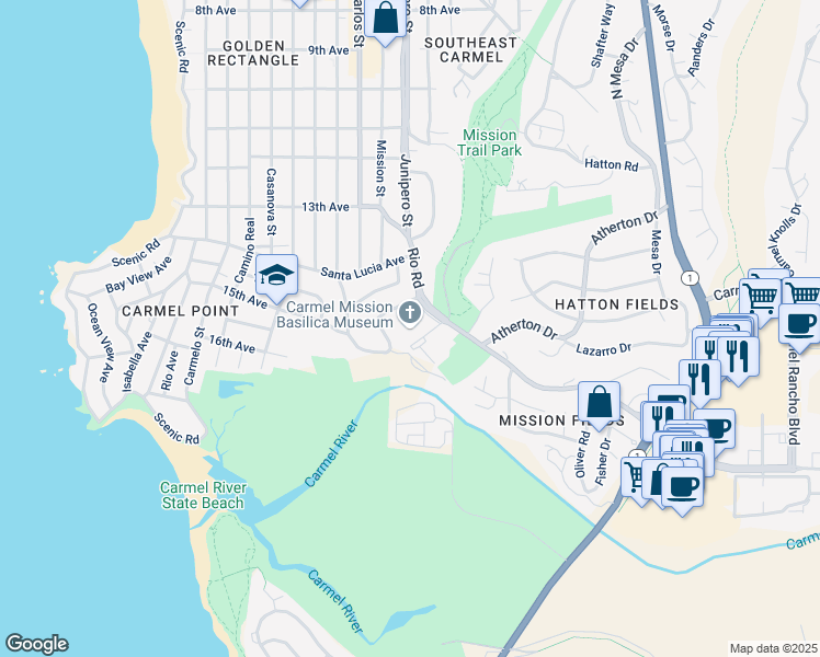 map of restaurants, bars, coffee shops, grocery stores, and more near 3080 Rio Road in Carmel-by-the-Sea