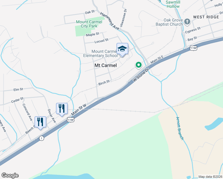 map of restaurants, bars, coffee shops, grocery stores, and more near 204 West Main Street in Mount Carmel