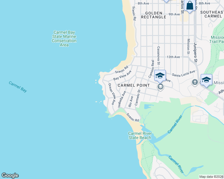 map of restaurants, bars, coffee shops, grocery stores, and more near 26261 Ocean View Avenue in Carmel-by-the-Sea