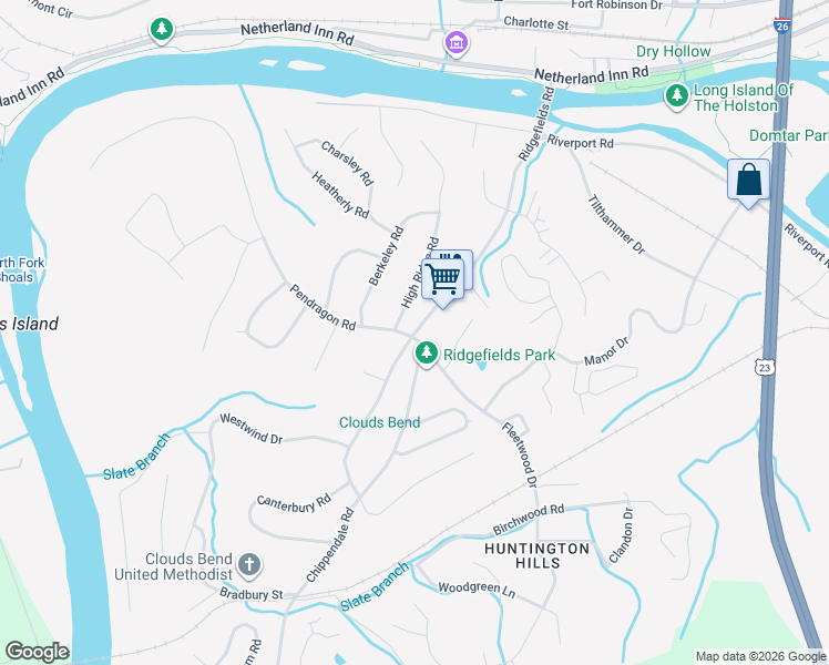 map of restaurants, bars, coffee shops, grocery stores, and more near 449 High Ridge Road in Kingsport