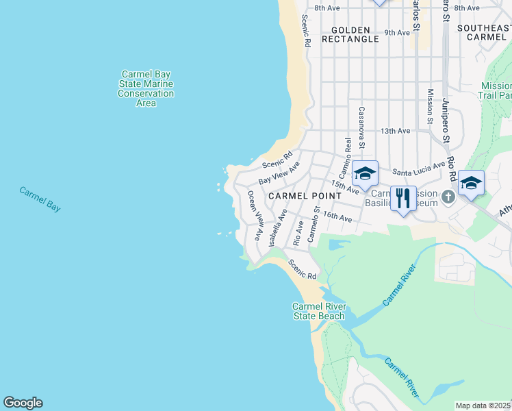 map of restaurants, bars, coffee shops, grocery stores, and more near 26261 Ocean View Avenue in Carmel-by-the-Sea